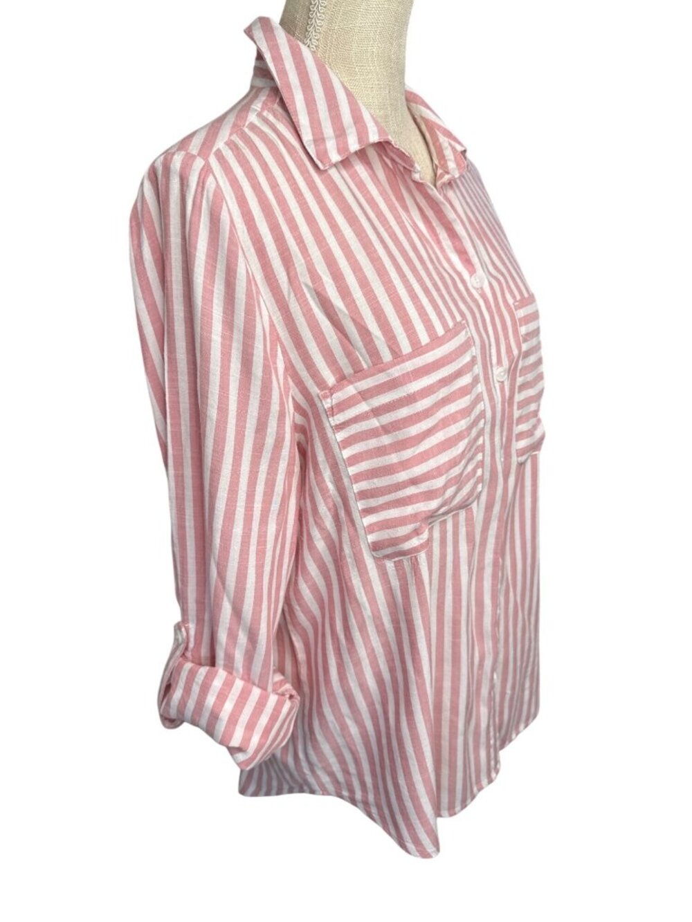 Casa Cabana Pink & White Striped Button-Up Shirt With Pockets Roll-Up Sleeves - Picture 3 of 8
